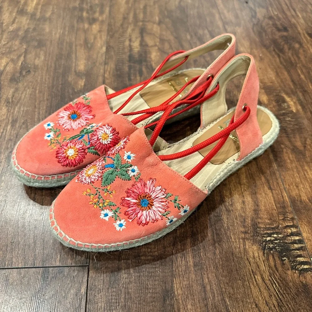 Kanna Pink Floral Embroidered Strappy Espadrilles Flats Sandals Spain Size 39 8